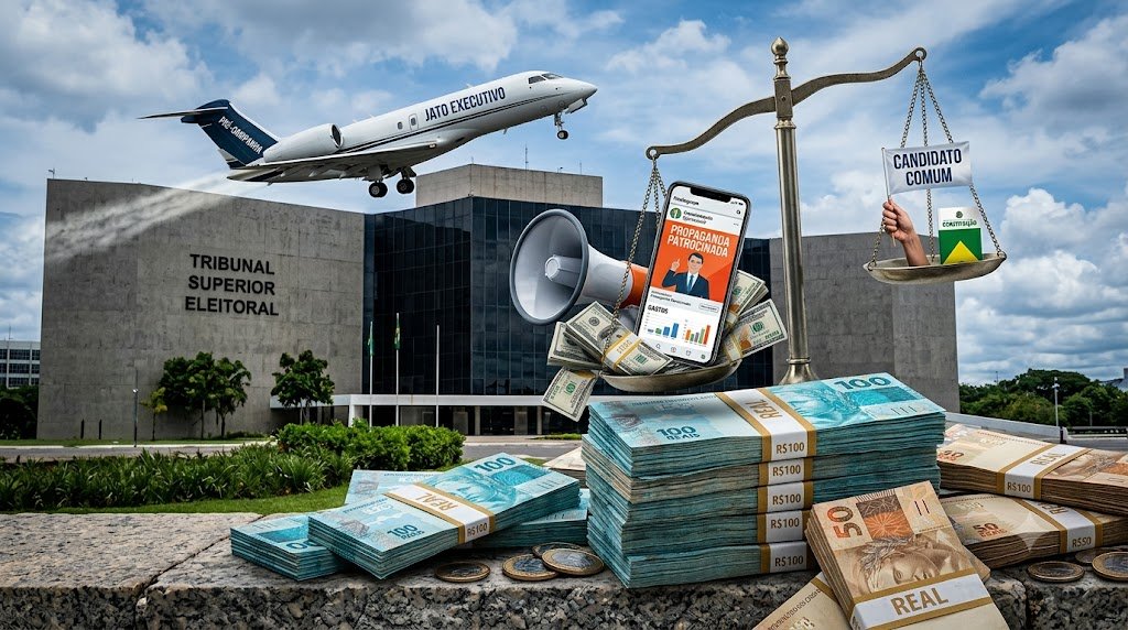 Montagem com a fachada do Tribunal Superior Eleitoral (TSE) ao fundo, pilhas de dinheiro e notas de real em primeiro plano; um megafone, celulares exibindo anúncios patrocinados e um avião executivo simbolizando os gastos da pré-campanha. Uma balança da Justiça inclinada, representando o desequilíbrio entre os concorrentes;
