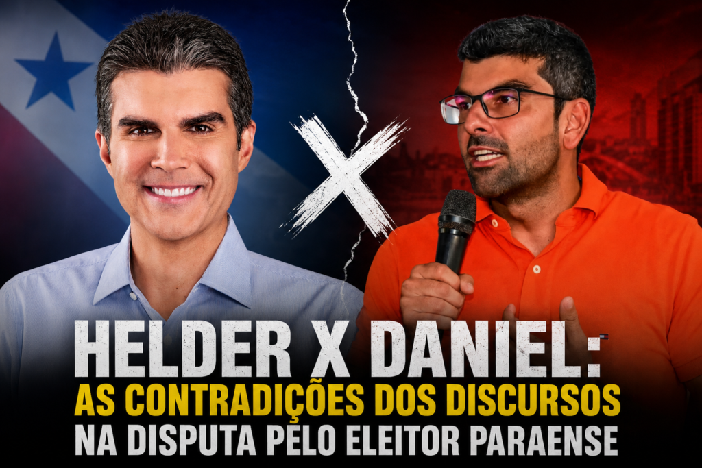 Fotos de Helder Barbalho versus Daniel Santos com o título da matéria em letras garrafais