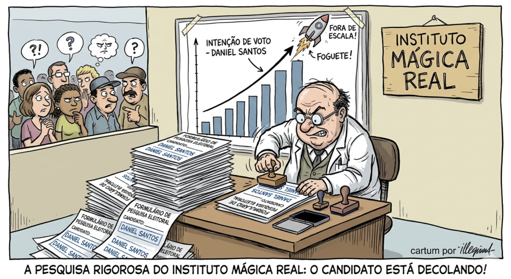 Charge criada por IA com um cartunista desenhando um pesquisador fictício diante de uma pilha de formulários. Em vez de entrevistar eleitores, ele carimba apenas o nome do candidato Daniel Santos em todas as fichas enquanto um gráfico sobe de forma absurda como um foguete. Ao fundo, eleitores observam