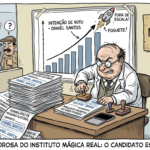 Charge criada por IA com um cartunista desenhando um pesquisador fictício diante de uma pilha de formulários. Em vez de entrevistar eleitores, ele carimba apenas o nome do candidato Daniel Santos em todas as fichas enquanto um gráfico sobe de forma absurda como um foguete. Ao fundo, eleitores observam
