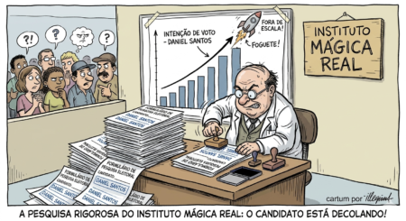 Charge criada por IA com um cartunista desenhando um pesquisador fictício diante de uma pilha de formulários. Em vez de entrevistar eleitores, ele carimba apenas o nome do candidato Daniel Santos em todas as fichas enquanto um gráfico sobe de forma absurda como um foguete. Ao fundo, eleitores observam