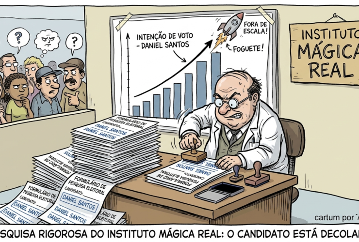 Charge criada por IA com um cartunista desenhando um pesquisador fictício diante de uma pilha de formulários. Em vez de entrevistar eleitores, ele carimba apenas o nome do candidato Daniel Santos em todas as fichas enquanto um gráfico sobe de forma absurda como um foguete. Ao fundo, eleitores observam
