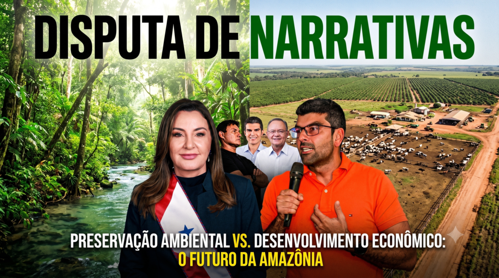 montagem dividida ao meio, com uma floresta amazônica preservada de um lado e uma grande área de produção agropecuária do outro. Ao centro, as imagens de Hana Ghassan e Daniel Santos, tendo ao fundo Helder Barbalho, Zequinha Marinho e Éder Mauro, simbolizando a disputa de narrativas entre preservação ambiental e desenvolvimento econômico.