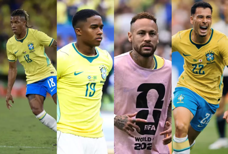 Na imagem em destaque, os jogadores Danilo Santos, Endrick, Neymar Jr. e Gabriel Martinelli, respectivamente.