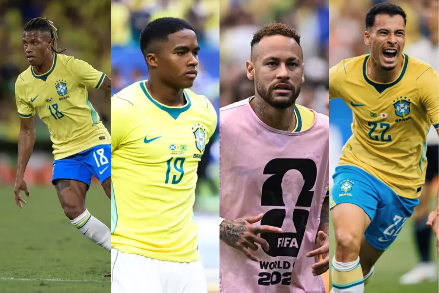 Na imagem em destaque, os jogadores Danilo Santos, Endrick, Neymar Jr. e Gabriel Martinelli, respectivamente.