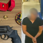O homem foi localizado e preso em flagrante por porte ilegal de arma de fogo e tráfico de drogas.