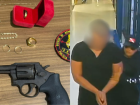 O homem foi localizado e preso em flagrante por porte ilegal de arma de fogo e tráfico de drogas.