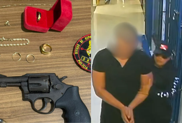 O homem foi localizado e preso em flagrante por porte ilegal de arma de fogo e tráfico de drogas.