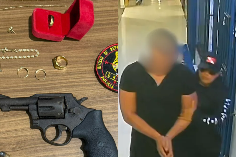 O homem foi localizado e preso em flagrante por porte ilegal de arma de fogo e tráfico de drogas.