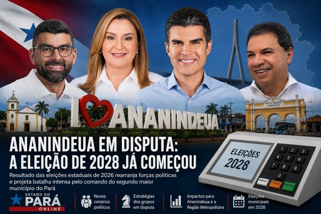 Helder Barbalho, Hana, Chicão e Daniel Santos em um cartaz sobre as eleições de 2026 e 2028 em Ananindeua