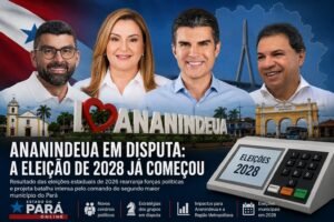 Helder Barbalho, Hana, Chicão e Daniel Santos em um cartaz sobre as eleições de 2026 e 2028 em Ananindeua