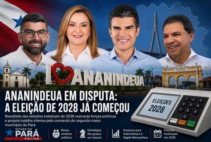 Helder Barbalho, Hana, Chicão e Daniel Santos em um cartaz sobre as eleições de 2026 e 2028 em Ananindeua