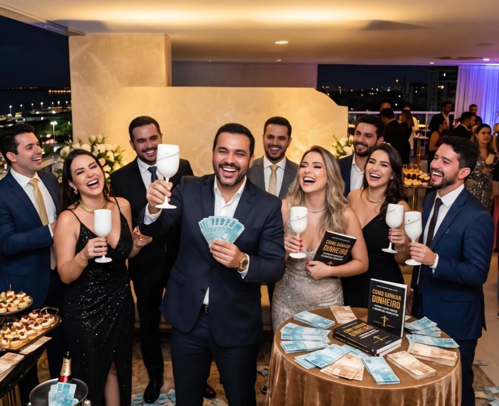 Imagem mostra Novos Ricos na advocacia paraense, reunindo advogados em uma comemoração repleta de dinheiro, luxo, bebidas e uma faixa do lançamento de um livro entitulado: Como ganhar dinheiro falando sobre direito e premiando jornalistas. Imagem criada por IA