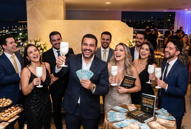 Imagem mostra Novos Ricos na advocacia paraense, reunindo advogados em uma comemoração repleta de dinheiro, luxo, bebidas e uma faixa do lançamento de um livro entitulado: Como ganhar dinheiro falando sobre direito e premiando jornalistas. Imagem criada por IA
