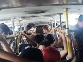 Vidros do coletivo foram quebrados durante ação na noite de domingo; moradores cobram reforço no policiamento da ilha.
