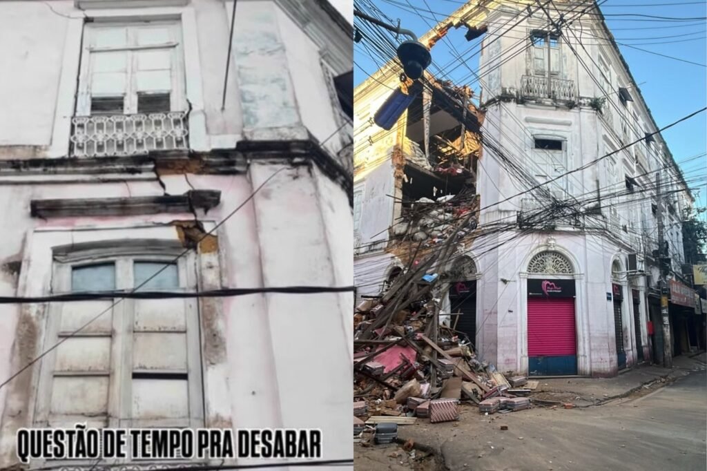 Imóvel localizado na rua 13 de Maio, no bairro da Campina, apresentava rachaduras e sinais de deterioração; fachada desabou na manhã desta segunda-feira (6).