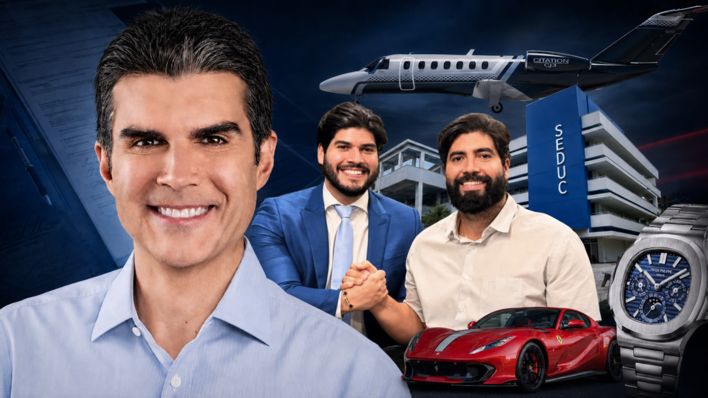 Montagem com as fotos de Helder Barbalho, Adriano Coelho e João Coelho, além de imagens de um jato, uma ferrari e um relógio de luxo.