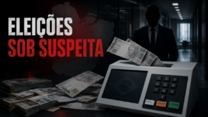 Imagem com cédulas de dinheiro, uma urna eletrônica e a frase: Eleições sob suspeita