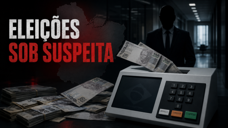 Imagem com cédulas de dinheiro, uma urna eletrônica e a frase: Eleições sob suspeita