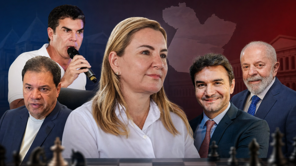 montagem 16:9 com Hana ao centro, Helder e Chicão à esquerda, Celso e Lula à direita, mapa do Pará e tabuleiro político. Produzida com a criação visual integrada.