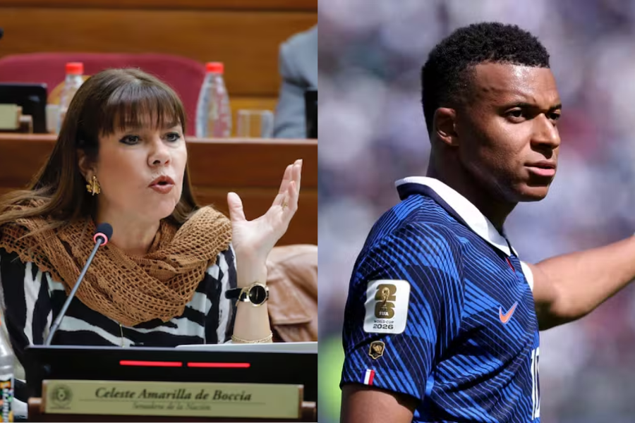Na imagem em destaque, Kyllian Mbappé e a senadora Celeste Amarilla