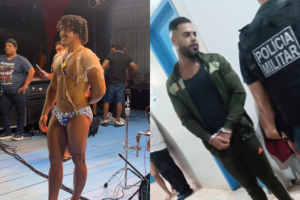Na imagem em destaque, a vítima e o suspeito preso pela PM