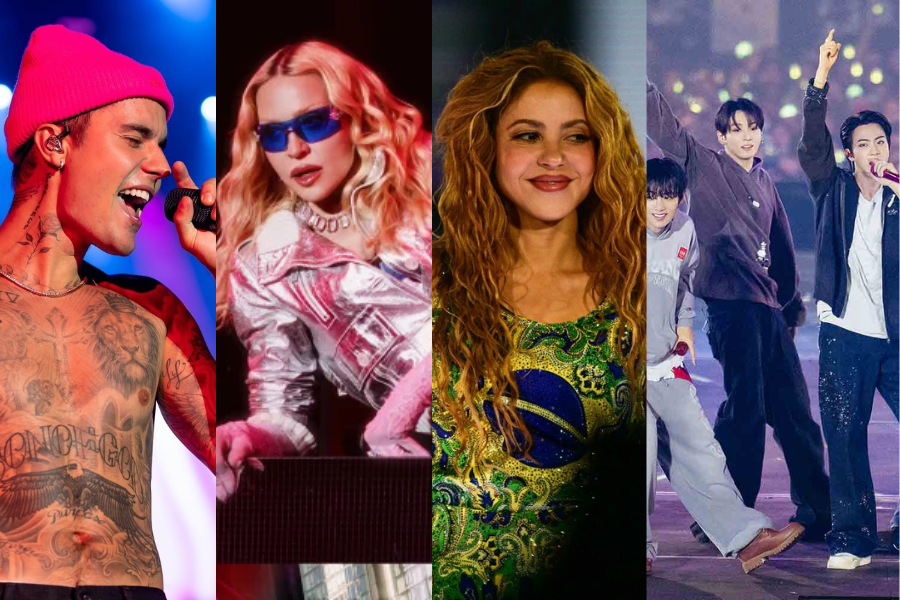 Na imagem em destaque, Justin Bieber, Madonna, Shakira e BTS