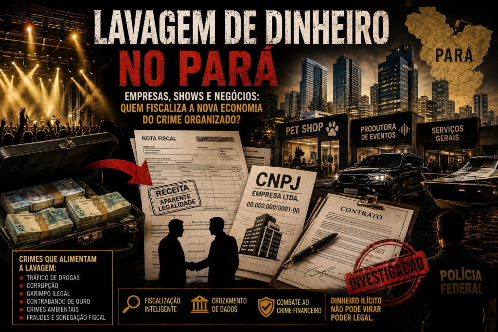 Montagem editorial com palco de shows, empresas, documentos fiscais, CNPJ, contratos e dinheiro em espécie, simbolizando investigações sobre lavagem de dinheiro e ocultação patrimonial.