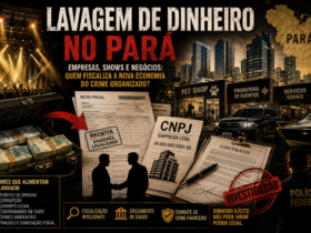 Montagem editorial com palco de shows, empresas, documentos fiscais, CNPJ, contratos e dinheiro em espécie, simbolizando investigações sobre lavagem de dinheiro e ocultação patrimonial.