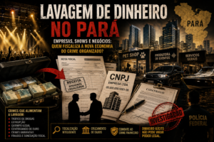 Montagem editorial com palco de shows, empresas, documentos fiscais, CNPJ, contratos e dinheiro em espécie, simbolizando investigações sobre lavagem de dinheiro e ocultação patrimonial.