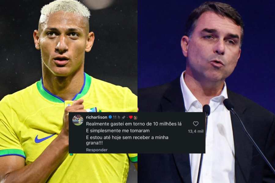 Na imagem em destaque, Richarlison e Flávio Bolsonaro