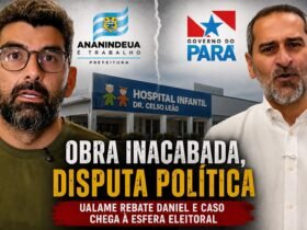 Montagem com as fotos de Daniel Santos e Ualame Machado, pré-candidato ao governo do Pará e secretário de estado de Saúde do Pará, respectivamente. A No fundo, a fachada do hospital infanitl Dr Celso Leão e a frase: Obra inacabada, Disputa Política.