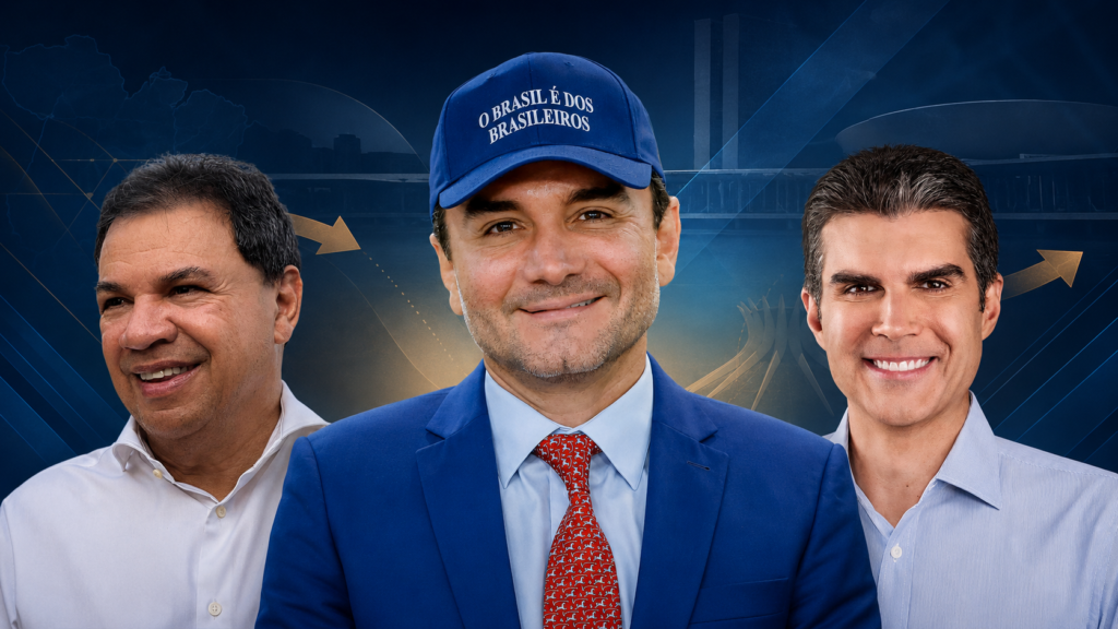 Helder Barbalho ao lado de Chicão e Celso Sabino em montagem sobre a disputa pelas duas vagas do Pará no Senado