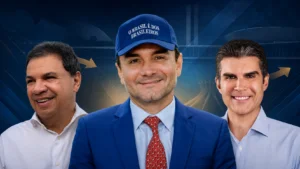 Helder Barbalho ao lado de Chicão e Celso Sabino em montagem sobre a disputa pelas duas vagas do Pará no Senado