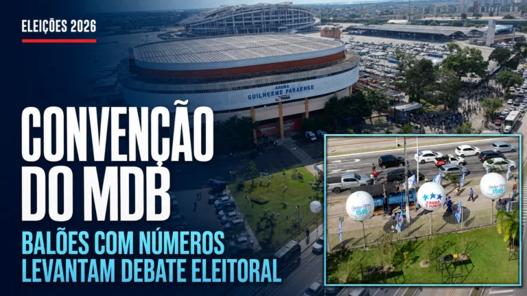 Balões com nomes e números de Hana Ghassan, Helder Barbalho e Chicão em frente ao Mangueirinho durante a convenção do MDB no Pará.