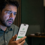Homem assustado observa aviso de conta em análise no WhatsApp durante a campanha eleitoral de 2026
