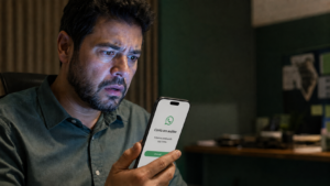 Homem assustado observa aviso de conta em análise no WhatsApp durante a campanha eleitoral de 2026
