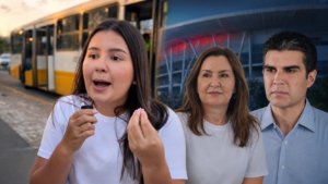 Stephanie Lima durante denúncia sobre suposto uso de ônibus na convenção do MDB, com Helder Barbalho e Hana Ghassan na composição.