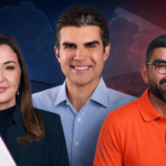 Hana Ghassan e Dr. Daniel Santos aparecem em lados opostos, com Helder Barbalho ao centro, em montagem sobre a eleição para o Governo do Pará em 2026