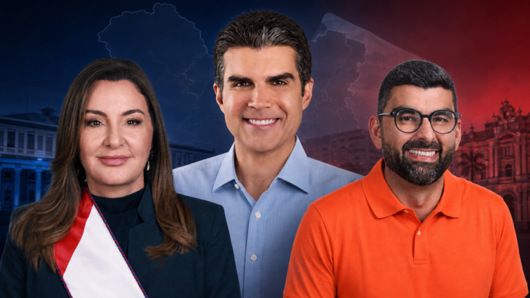 Hana Ghassan e Dr. Daniel Santos aparecem em lados opostos, com Helder Barbalho ao centro, em montagem sobre a eleição para o Governo do Pará em 2026