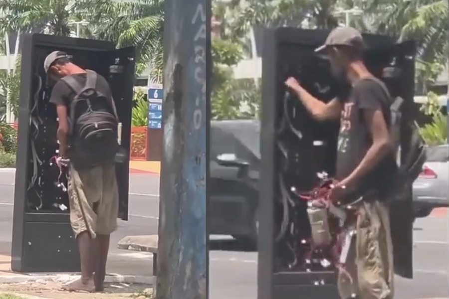 Na imagem em destaque, o homem furtando as fiações elétricas
