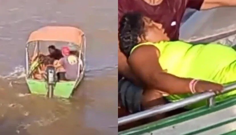 Vídeo mostra momento em que ocupantes de uma embarcação tentam resgatar a mulher em meio à forte ventania e às ondas no rio