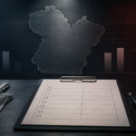 Prancheta de pesquisa vazia diante do mapa do Pará e de gráficos eleitorais incompletos em azul e vermelho