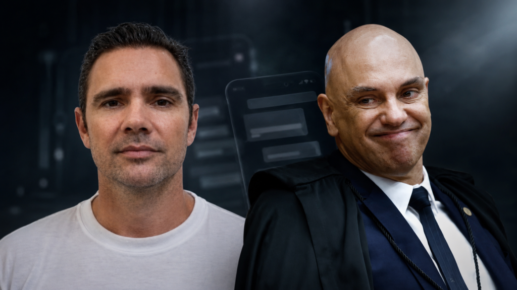 Montagem com Daniel Vorcaro e Alexandre de Moraes diante de um celular, em referência às mensagens investigadas pela Polícia Federal