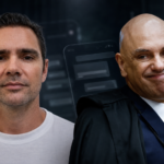 Montagem com Daniel Vorcaro e Alexandre de Moraes diante de um celular, em referência às mensagens investigadas pela Polícia Federal