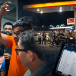 Daniel Santos durante discussão na Seccional da Cidade Nova, com imagens do posto de combustíveis e de uma planilha apreendida pela polícia