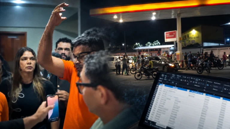 Daniel Santos durante discussão na Seccional da Cidade Nova, com imagens do posto de combustíveis e de uma planilha apreendida pela polícia