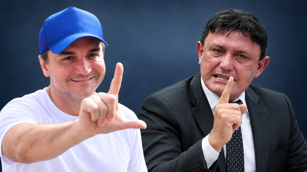 Montagem com homem vestindo camiseta de campanha de Celso Sabino ao lado de uma balança da Justiça.