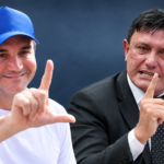 Montagem com homem vestindo camiseta de campanha de Celso Sabino ao lado de uma balança da Justiça.