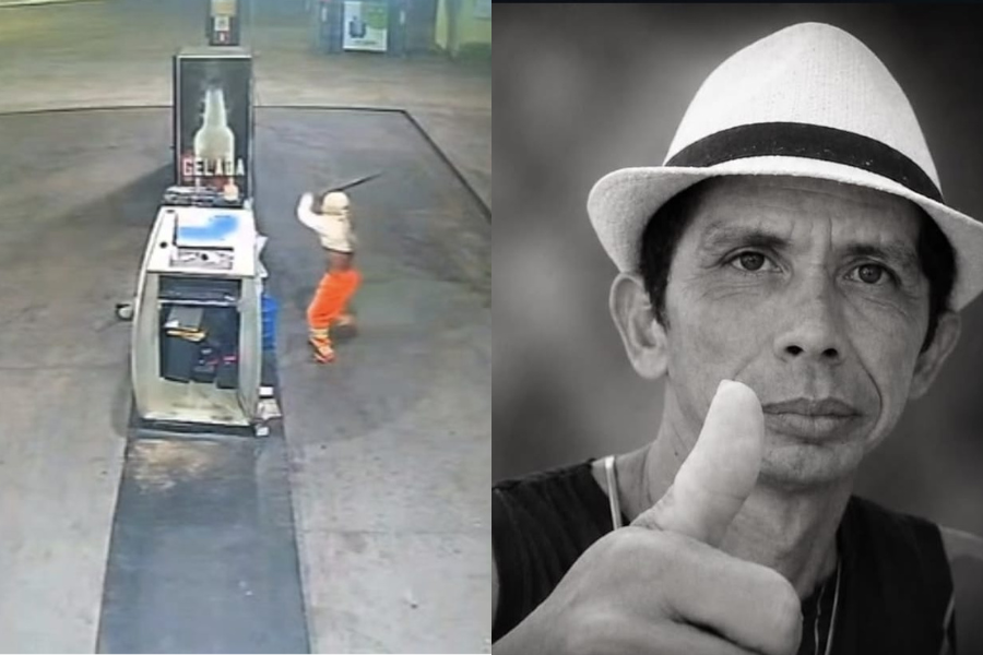 Na imagem em destaque, o momento do crime e a vítima